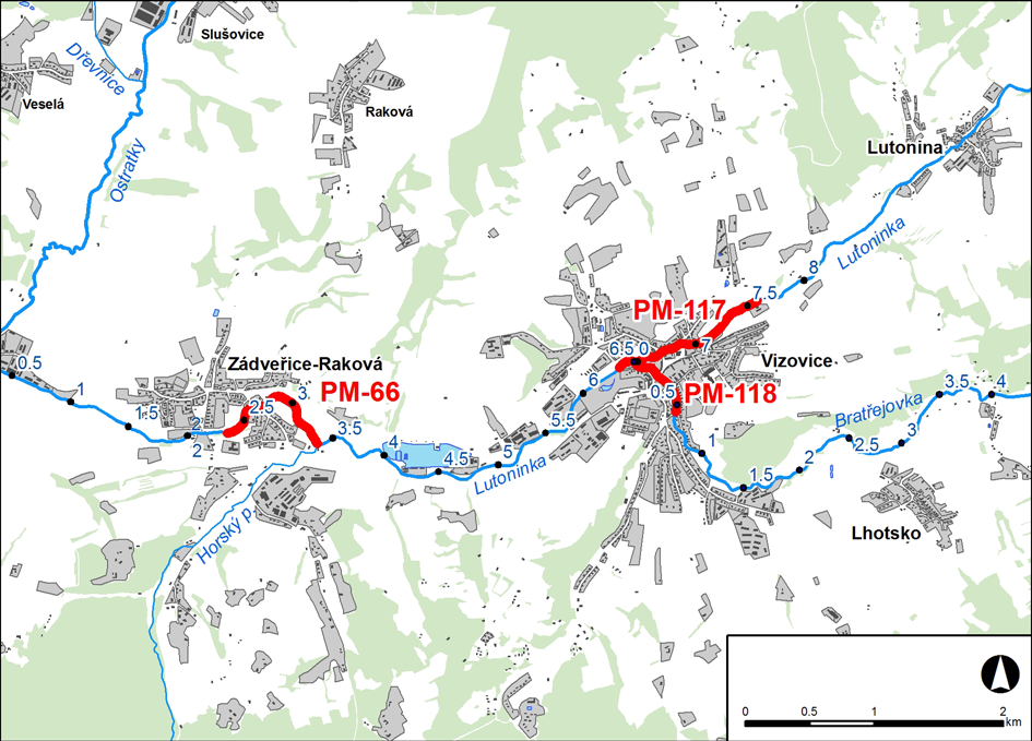 1. LOKALIZACE Předmětem řešeného území jsou dva úseky na řece Lutonince v km 2,325 3,361* a 6,350 7,590* a jeden úsek na Bratřejovce v km 0,000 0,564 Obr. č. 1 Přehledná mapa řešeného území 2.