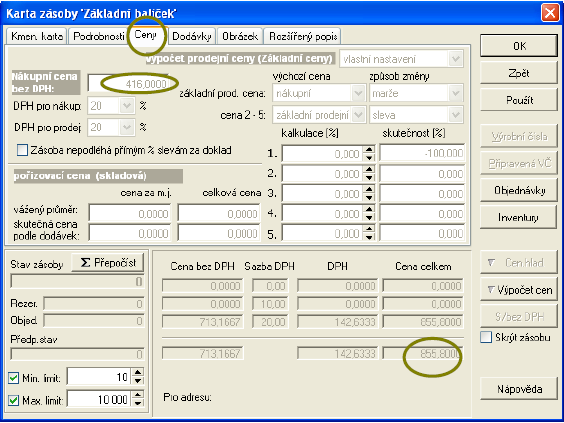 Žlutě na liště CENY si můžete ověřit n{kupní a prodejní cenu všeho zboží, které sada obsahuje.