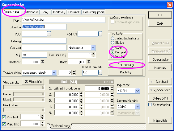UK[ZKA VYTVOŘENÍ SLOŽENÉ SKLADOVÉ KARTY - KOMPLET Postupujete stejně jako u sady. Tento typ karty je opět možné měnit až do okamžiku skladového pohybu, potom už ne.