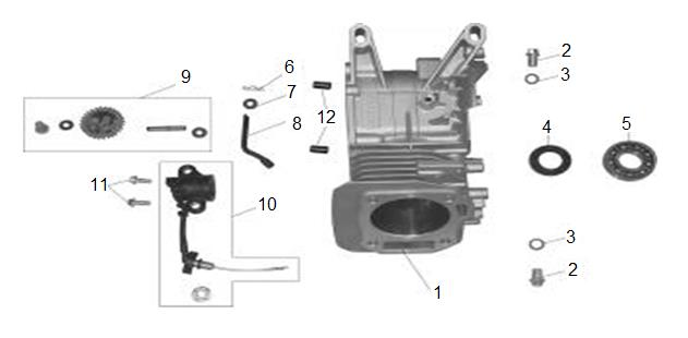 Kliková skříň Pozice Objednací číslo Název Name Ks 1 710002001 Kliková skříň Crankcase 1 2 710002002 Šroub M10x1,25-15 Oil drain bolt M10x1,25-15 2 3 710002003 Podložka Washer 2 4 710002004 Gufero