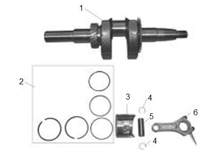 Kliková hřídel, Píst Ojnice, Kroužky Pozice Objednací číslo Název Name Ks 1 710004001 Kliková hřídel Crankshaft 1 2 710004002 Pístní kroužky sada Piston ring