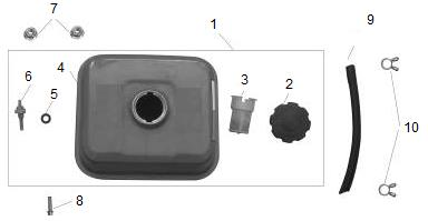 Palivová nádrž Pozice Objednací číslo Název Name Ks 1 710013001 Palivová nádrž kompletní Fuel tank assembly 1 2 710013002 Zátka palivové nádrže Fuel tank cap 1 3 710013003 Sítko nádrže Fuel tank net