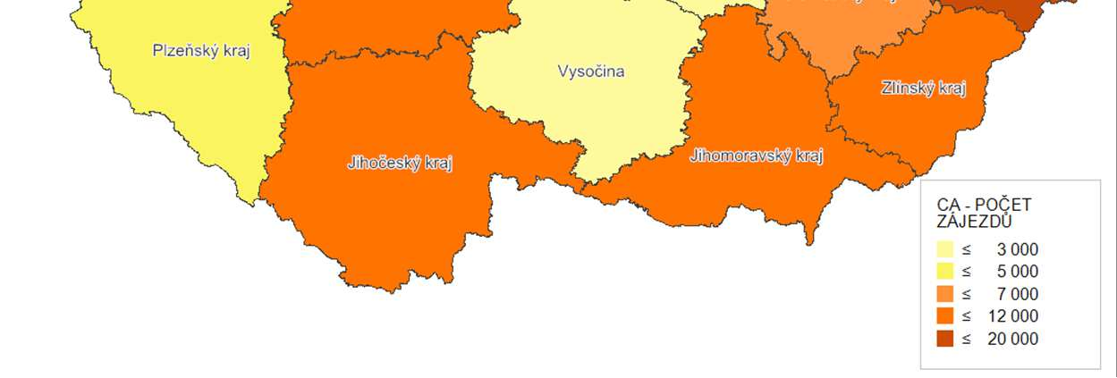 Šetření CK a CA: CA počet zprostředkovaných zájezdů dle krajů provozoven (%) N=506 aktivní subjekty CA v roce 2012, které vykázaly data 220 530 zájezdů Území (kraj) Podle provozoven Moravskoslezský