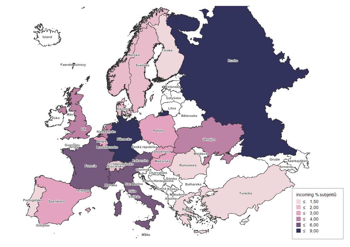 Šetření CK a CA - INCOMING: dle subjektů uvádějících jednotlivé země (%) Země % Německo 9 Rusko 7 USA 6 Francie 4 Rakousko 4 Itálie 4 UK 4 Nizozemsko 3 Ukrajina 3 Polsko 3