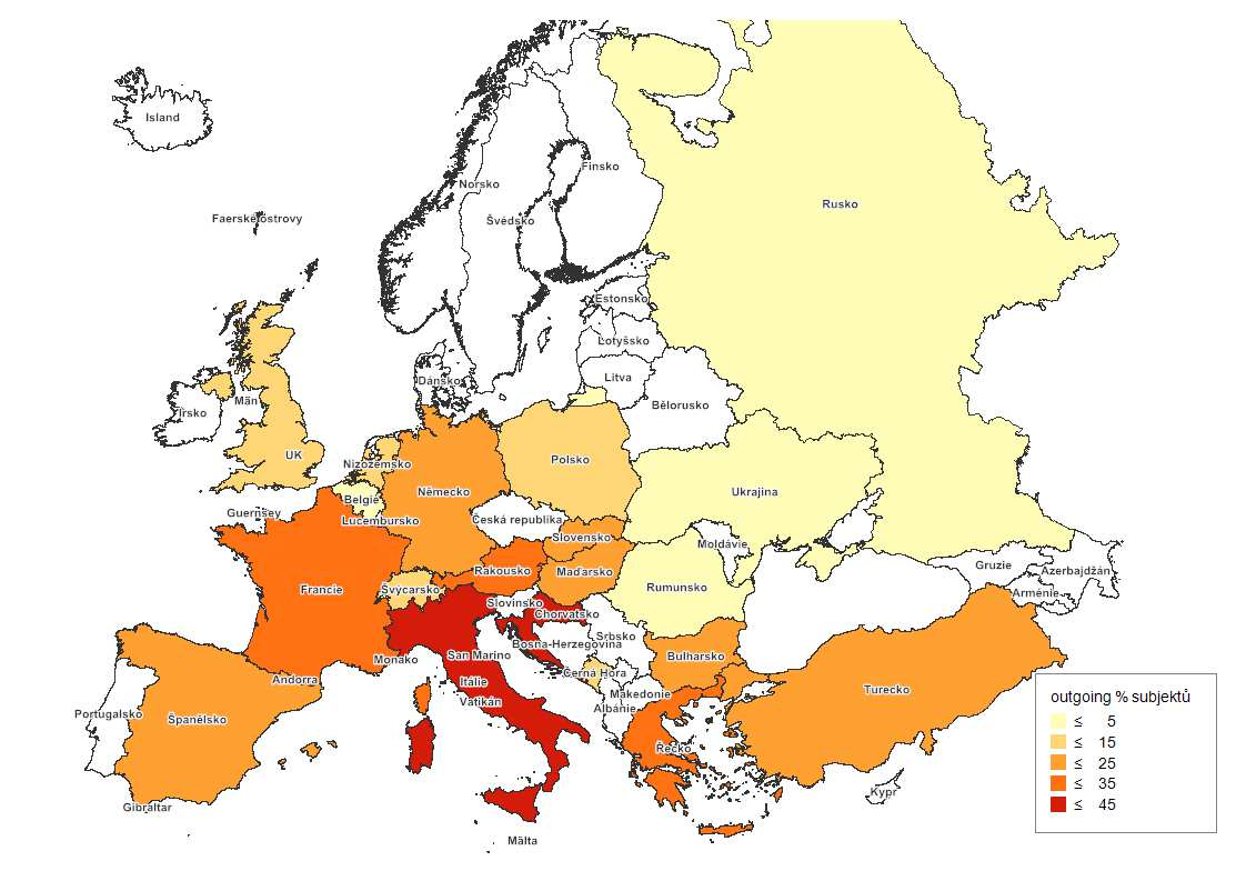Šetření CK a CA - OUTGOING: dle subjektů uvádějících jednotlivé země (%) Země % Itálie 43 Chorvatsko 37 Řecko 30 Rakousko 27 Francie 26 Španělsko 25 Turecko 24 Maďarsko 22 Egypt 21