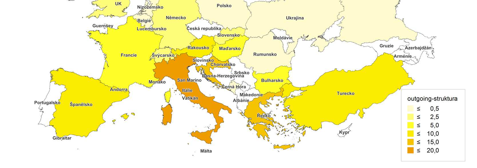 Šetření CK a CA - OUTGOING: Struktura klientely CK dle cílových zemí (%) Podíl zemí % Itálie 18,3 Chorvatsko 13,6 Řecko 11,5 Egypt 7,4 Turecko 7,4 Rakousko 5,5 Španělsko 5,5 Tunisko 4,8