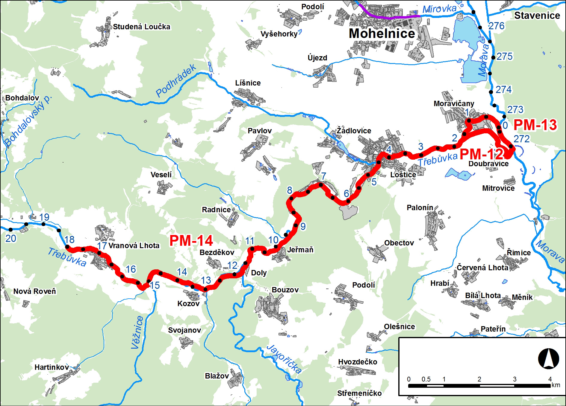 1. LOKALIZACE Předmětem řešeného území je úsek na toku Odlehčovací rameno Třebůvky v km 0,000 2,062, na toku Morava v km 271,942 272,700 a na toku Třebůvka v km 0,000-17,984 Obr. č.