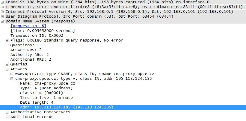 Obrázek 16 Hodnoty a typy požadavků na DNS server Obrázek 17 DNS response paket s IP adresou doménového jména 3.