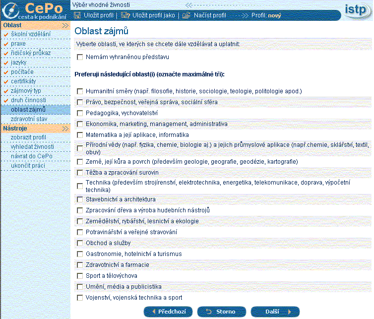Oblast zájmů Označením konkrétních oblastí svého zájmu klient specifikuje své preference.