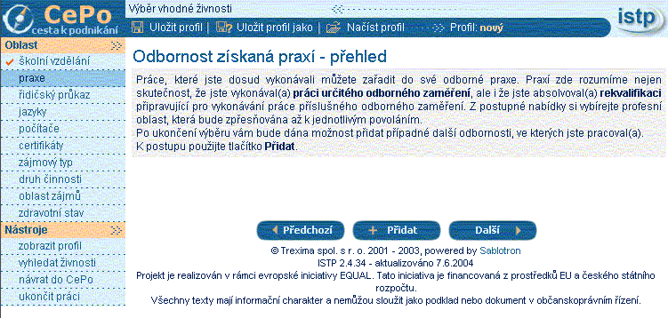 Oblast praxe: stránka Odbornost získaná praxí přehled Toto je úvodní stránka k zadání