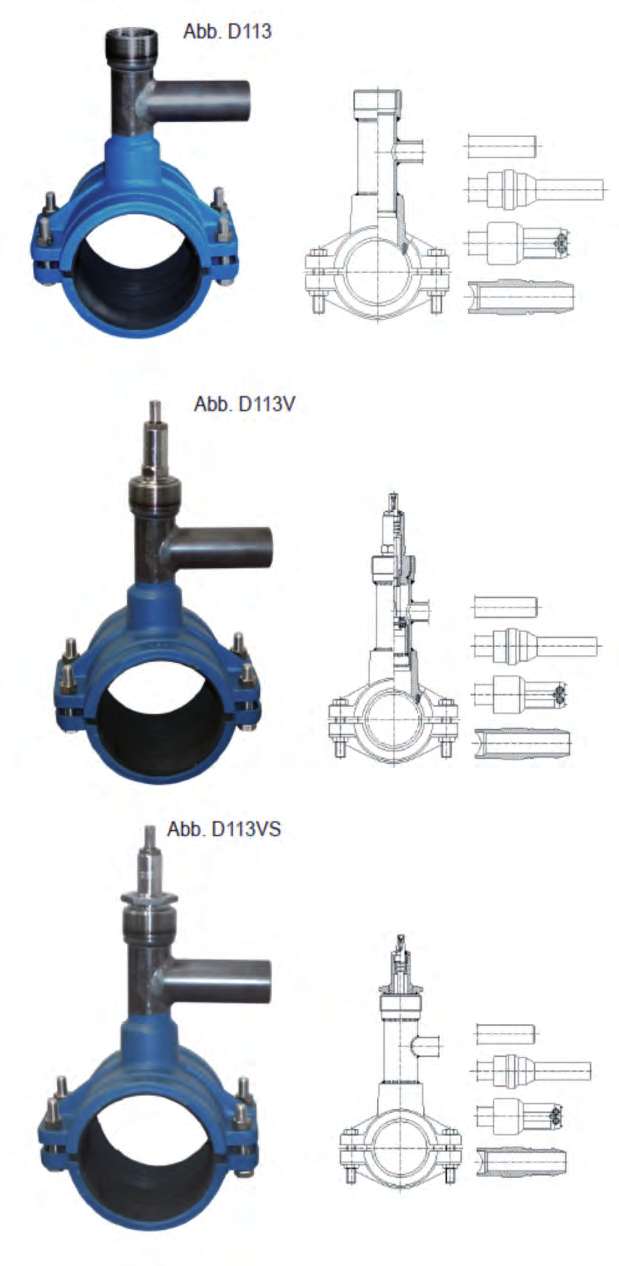 Těsnící objímka s T-kusem (produktová řada Manibs ) typ D 113, D 113V, D 113VS dvoudílná objímka pro litinové potrubí, s bezpečnostním T-kusem pro plyn a s konusem pro připojení s vnitřním závitem ()