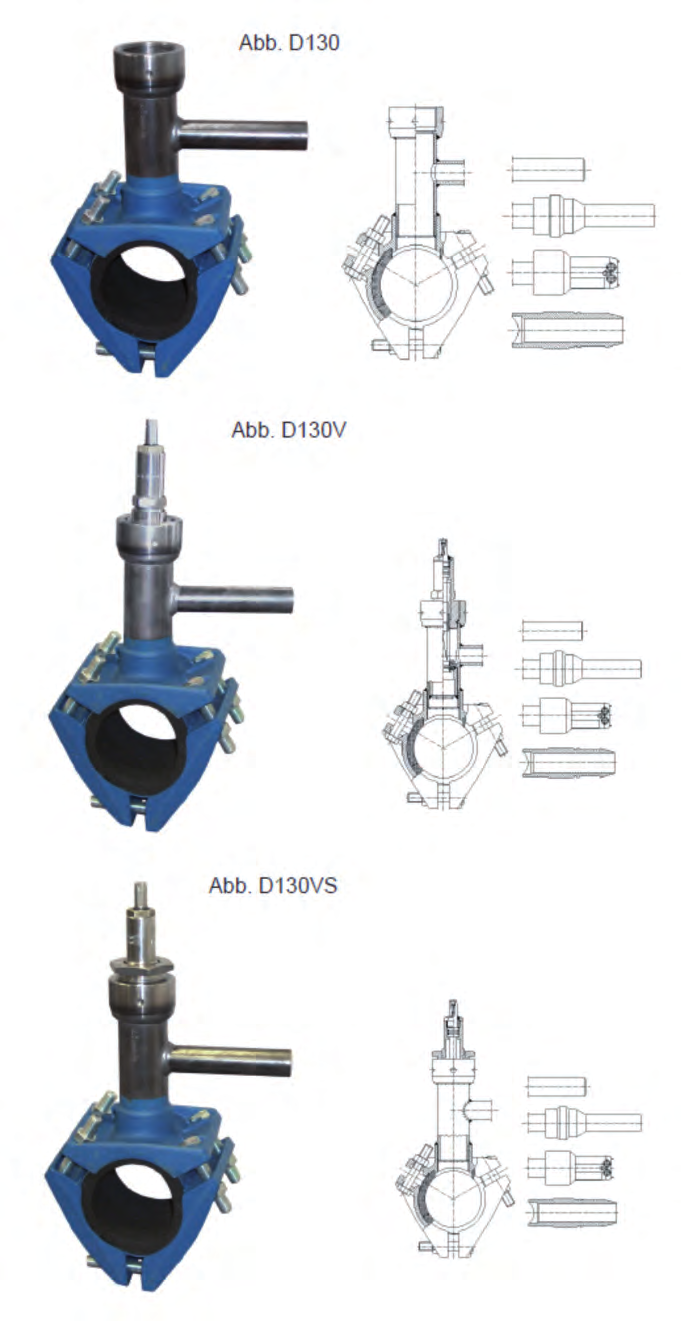 Těsnící objímka s T-kusem (produktová řada Manibs ) typ D 130, D 130V, D 130VS trojdílná objímka vhodná až pro čtyři druhy potrubí, s bezpečnostním T-kusem pro plyn a s konusem pro připojení