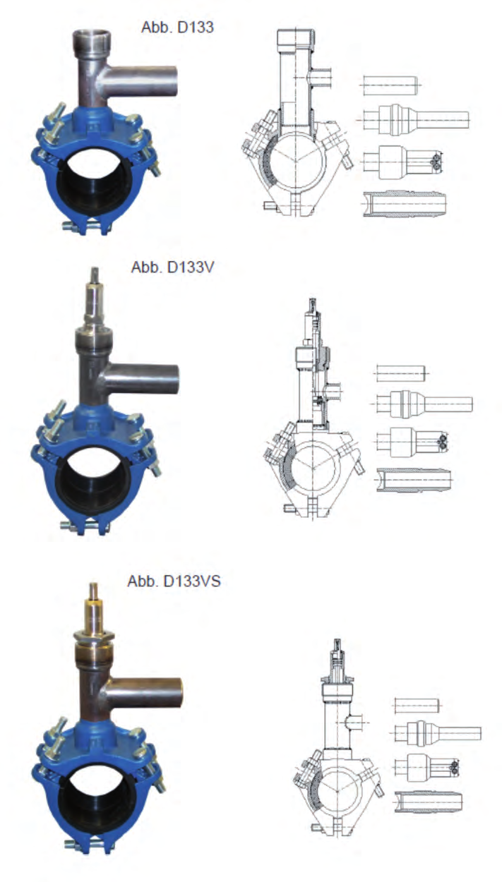 Těsnící objímka s T-kusem (produktová řada Manibs ) typ D 133, D 133V, D 133VS trojdílná objímka vhodná až pro čtyři druhy potrubí, s bezpečnostním T-kusem pro plyn a s konusem pro připojení vnitřním
