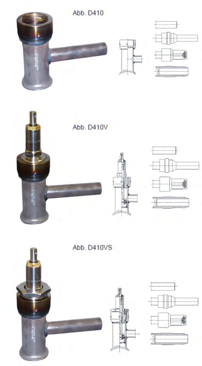 Bezpečnostní T-kus (produktová řada Manibs ) Typ D 410, D 410V, D 410VS se sedlem a bez sedla, k navaření na plynovodní potrubí připojení na kuličkový uzávěr (souprava J-110) T-kus: bezešvá ocelová