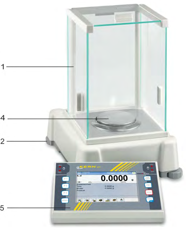 2 Přehled zařízení AET [d] = 0,01 mg: AET [d] = 0,1 mg: 1 Skleněná ochrana proti větru 2 Nastavitelná