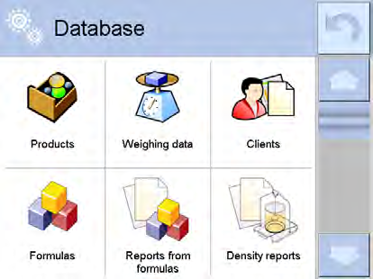 20 Databáze Vyvolání menu databáze: Stiskněte tlačítko nebo. Vyberte položku <Database>. Zobrazí se seznam výběru s databázemi: Produkty, viz kap. 20.