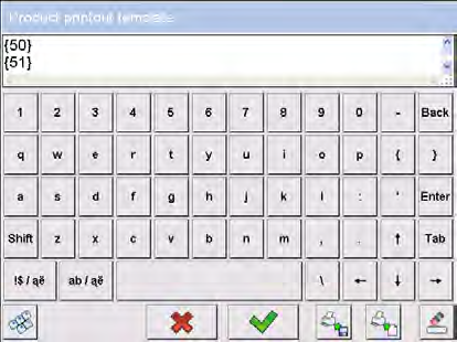 3. Řídicí kódy Vyberte položku <Controlling codes>. Do zadávacího okna zadejte požadovanou hodnotu a potvrďte stisknutím tlačítka. 4. Definování protokolu Vyberte položku <Printouts>.