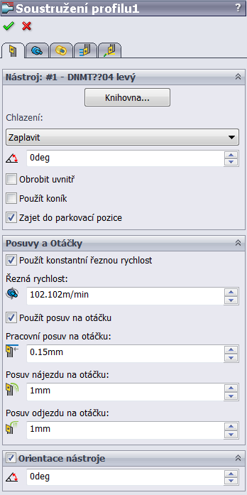 1. 2. Funkční menu Soustružení profilu Záložka Nástroj: 1.Výběr nástroje z knihovny - zvolit nástroj z knihovny dílna 2.