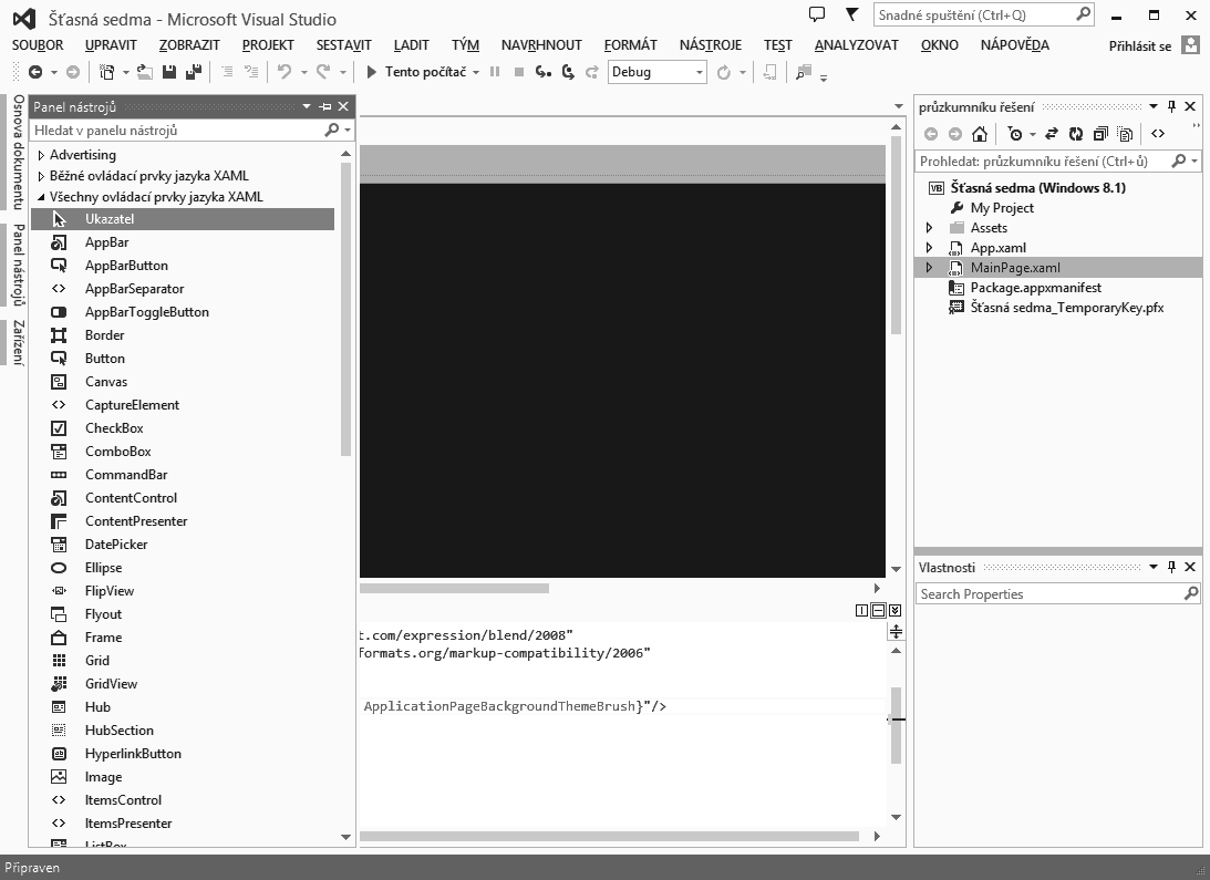 Kapitola 3 Vytvoření první aplikace pro Windows Store 73 Otevření Panelu nástrojů (Toolbox) a použití ovládacího prvku TextBlock 1.