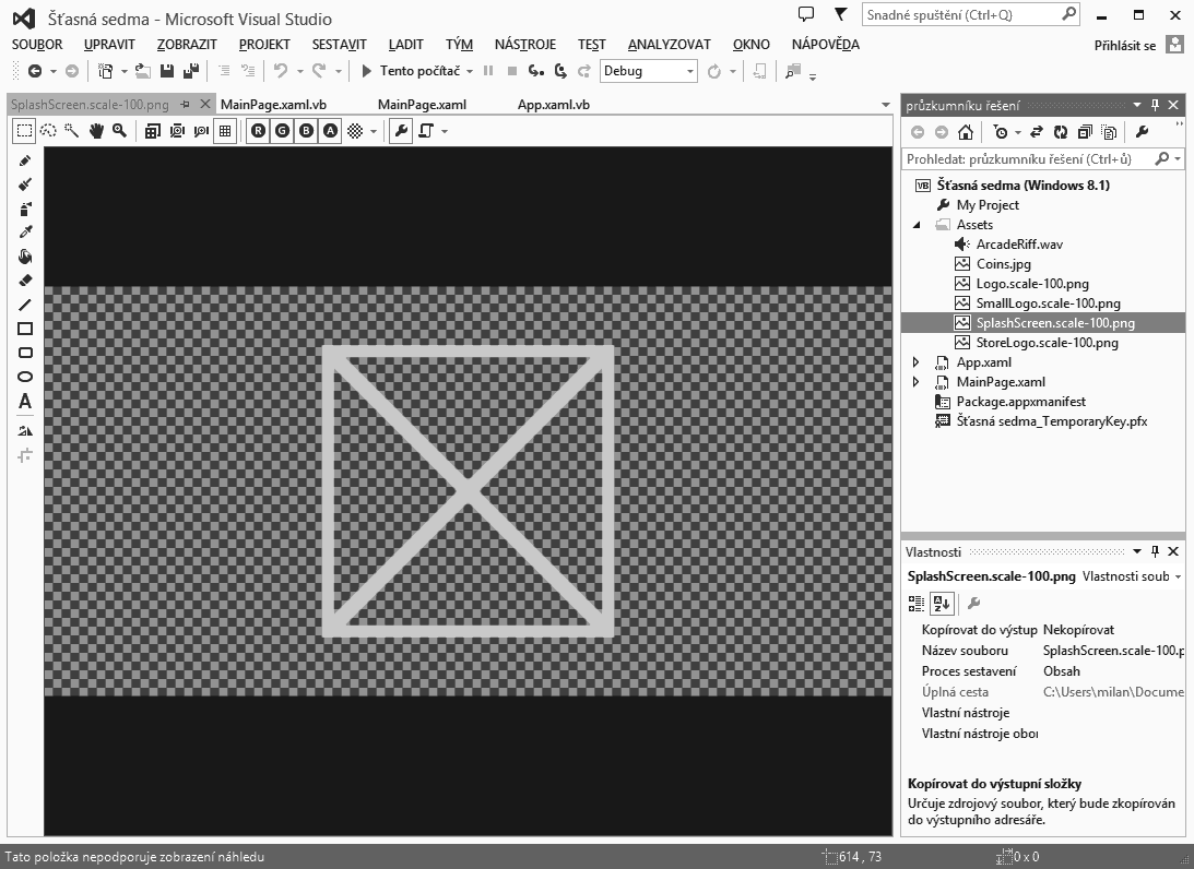 Kapitola 3 Vytvoření první aplikace pro Windows Store 91 Ačkoliv si spouštěcí obrazovku můžete samozřejmě vytvořit pomocí programu Malování či jakéhokoliv pokročilejšího grafického editoru od