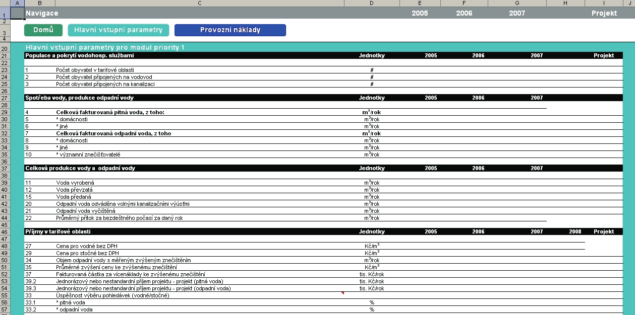 Obrázek 4: List Hist. data Hlavní vstupní parametry pro Modul priority 1 V rámci tabulkové části vyplní Zpracovatel údaje, bezprostředně související s realizací projektu.