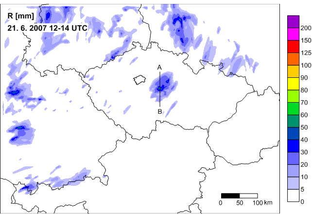 I přes tyto nepřesnosti vystihnul model srážkovou oblast nacházející se ve středu našeho území nejlépe.