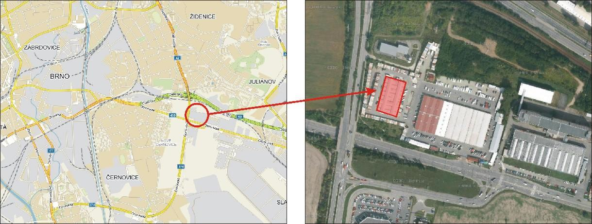 Velkoobchodní provozovna Brno, Olomoucká OZNÁMENÍ ZÁMĚRU Prostor a okolí záměru v katastrálním území Černovice. jsou pro účely zpracování tohoto oznámení nazývány tzv. dotčeným územím.