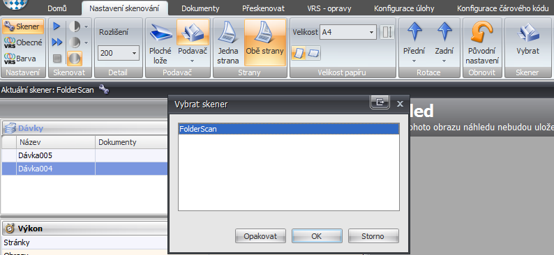 Přes ikonu Vybrat zvolíme nainstalovaný scanner v PC (v ilustračním