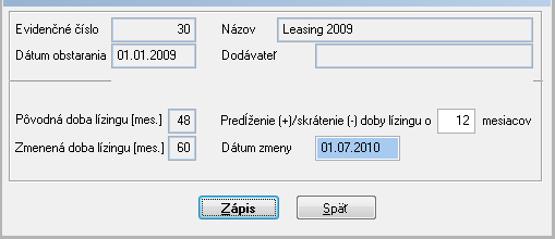 zápis v evidencii pohybov na takomto majetku. Na zmenu doby prenájmu slúži služba Zmena doby lízingu. Službu je možné spustiť tlačidlom obrazovky.