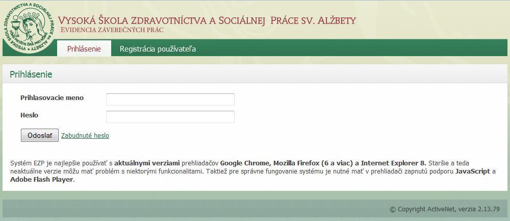 Používateľská príručka pre autorov Prihlásenie 1. Spustite internetový prehliadač (napr. Mozilla Firefox, MS Internet Explorer...). 2. Do adresového riadku prehliadača napíšte: ezp.vssvalzbety.sk 3.