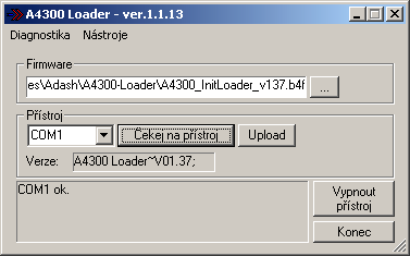 Zjištění verze zavaděče v přístroji Připojte vypnutý přístroj kabelem RS232 k PC, na kterém spusťte program A4300-Loader.exe.