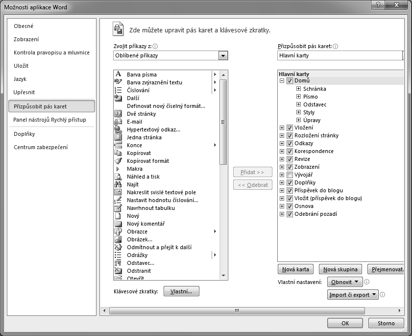 Pás karet Přizpůsobení pásu karet Novinkou ve Wordu 2010 je možnost přizpůsobit pás karet svým potřebám. Pás karet můžete přizpůsobit v dialogovém okně Možnosti aplikace Word.