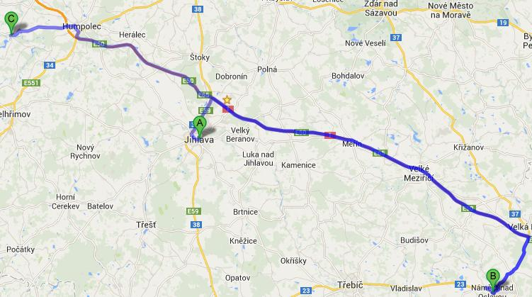 A: Jihlava B: Náměšť nad Oslavou C: Želiv  8: Pěší trasa