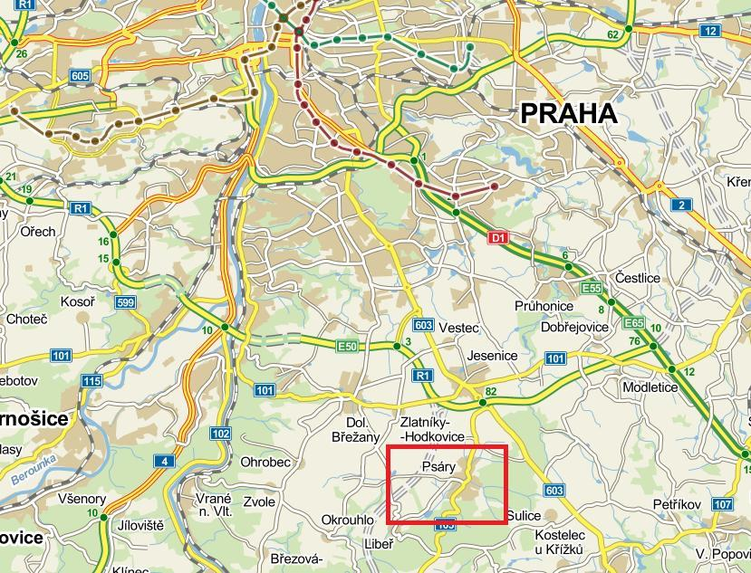 Vyznačení obce v širších souvislostech (podklad převzat www.mapy.cz) Řešené území představují plochy obecní zeleně okolo vodní nádrže v obci Psáry.