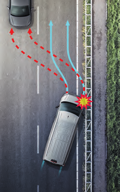 Asistent pro udržování vozu v jízdním pruhu Lane Assist 1), 2) varuje řidiče při neúmyslném opuštění jízdního pruhu prostřednictvím protipohybu řízení a současně také varovným tónem a upozorněním na
