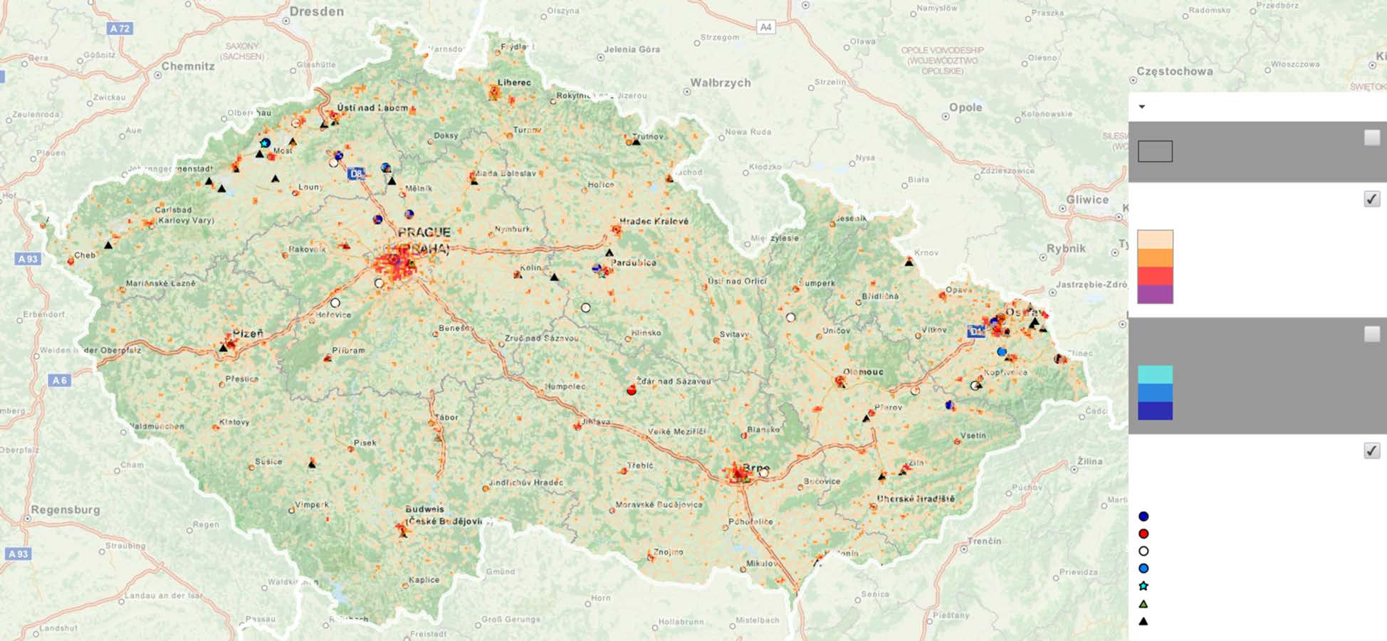 Legenda k mapě Potenciální systémy dálkového vytápění Další informace zobrazíte kliknutím na mapu Potřeba vytápění podle jednotlivých tříd Vypočtená potřeba vytápění v hustotě na 1 km 2 < 30 TJ/km 2