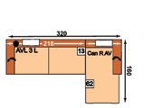2 relax funkce; 1,5 S AhoF R KS = 1,5-sedák, úložný prostor, otevřené ukončení s úložným prostorem pravé, podhlavník Ložná plocha: 260 x 126 cm AVL 3AL =