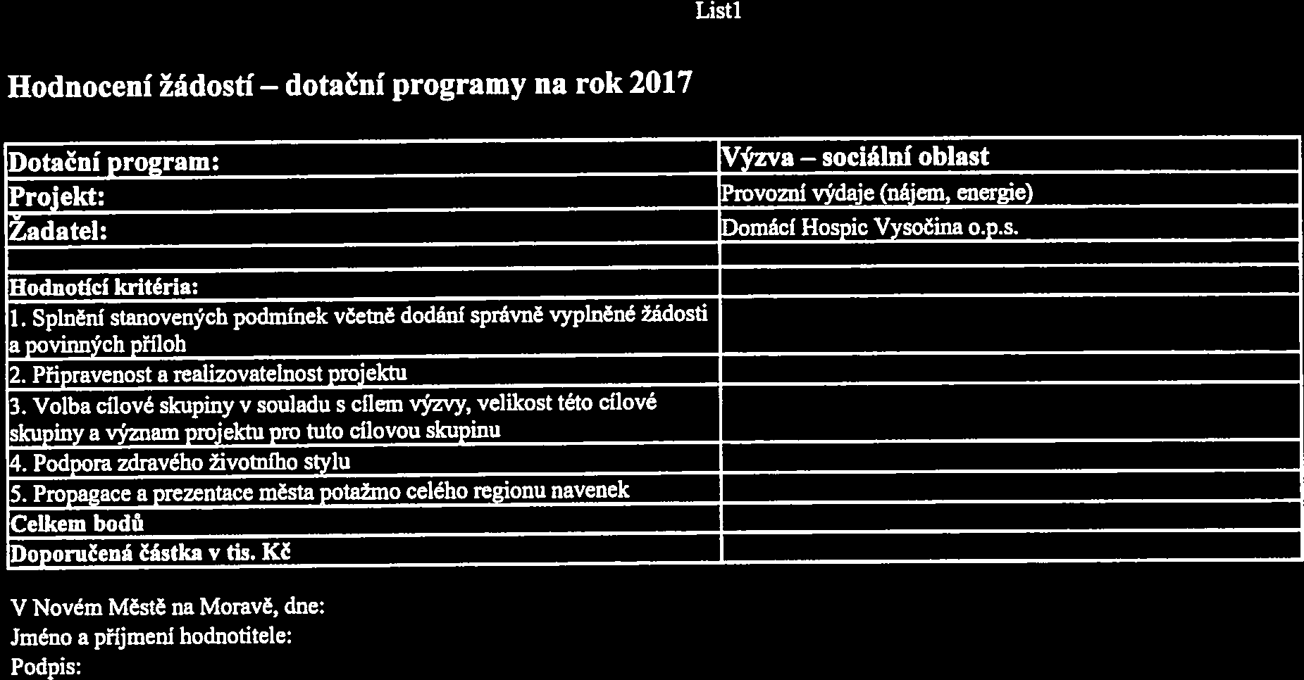 LisU Hodnocení žádostí dotační Dotační pro%ram: Výzva Projekt: Žadatel: sociální oblast Provozní výdaje (nájem, energie) Domácí Hospic Vysočina o.p.s. Hodnotící kritéria; 1.