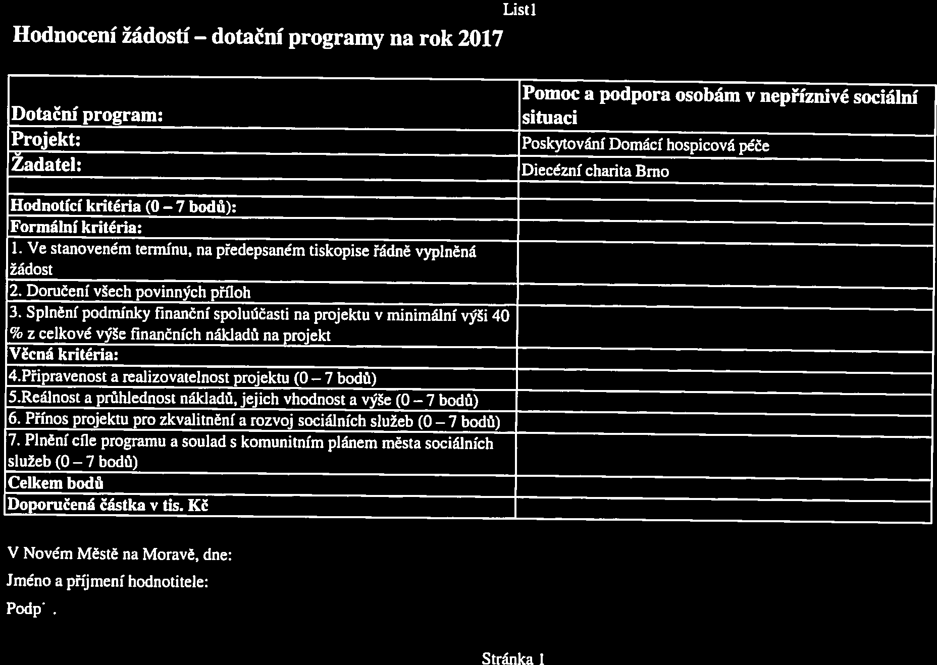 Hodnocení žádostí dotační Listl Dotační program: situaci Pomoc a podpora osobám v nepříznivé sociální Projekt: Poskytování Domácí hospicová péče Žadatel: Diecézní charita Brno Hodnotící kritéria (07