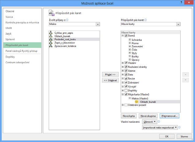 Obrázek č. 1.10: Přidání tlačítka na kartu Jestliže označíte některou se standardních karet a použijete tlačítko Nová skupina, do karty se zařadí nová prázdná skupina.