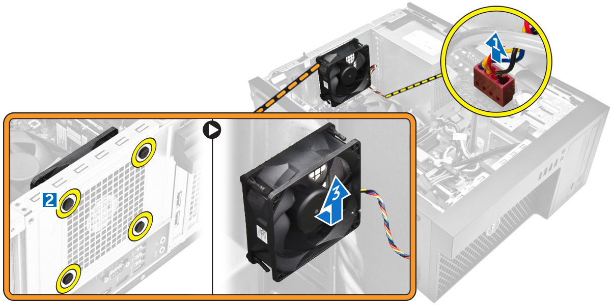 3. Postup vyjmutí systémového ventilátoru: a. Odpojte kabel systémového ventilátoru od základní desky [1]. b.