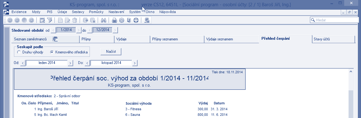 hromadné změny ve výdajích i příjmech přehled čerpání benefitů v období přehled zůstatků