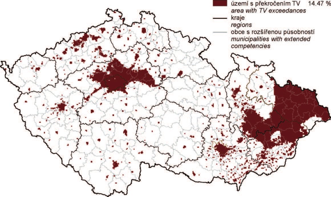Obr. 2 Mapa oblastí ČR s překročenými cílovými imisními limity pro ochranu zdraví (bez zahrnutí ozonu), 2010 Zdroj: ČHMÚ Graf 2 Podíl městské populace [%] ve vybraných státech vystavené průměrné