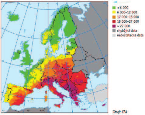 Obr. 2 Pole hodnot indexu AOT40 v Evropě [µg.m -3.