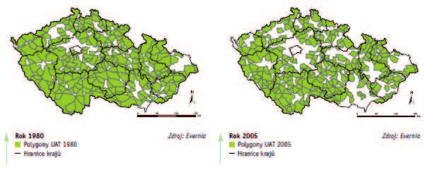 1 Fragmentace krajiny dopravou v ČR, 1980 a 2005 UAT (Unfragmented Areas by Traffic) je metoda stanovení tzv.
