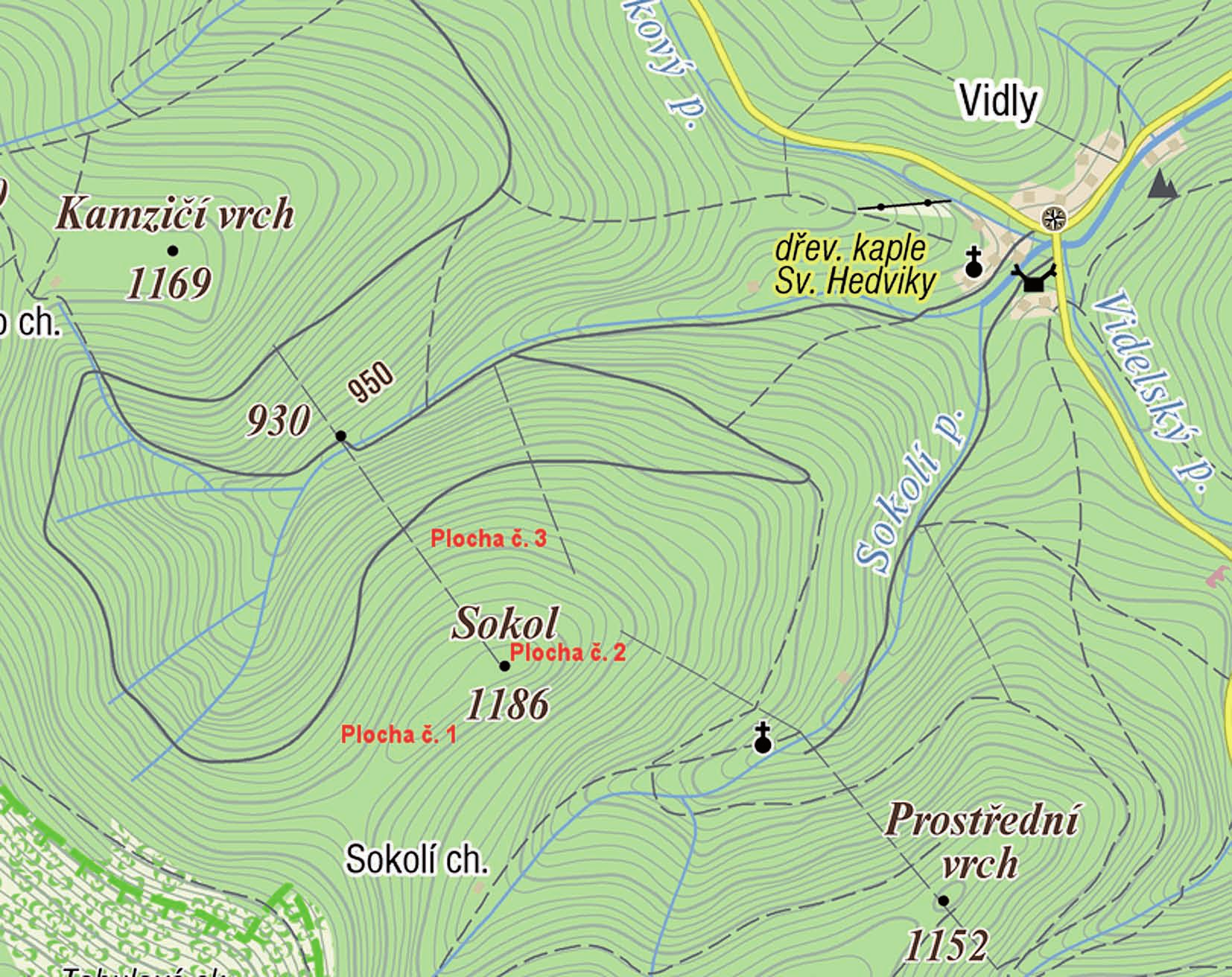 Obr. 1. Vrcholová část lokality Sokol s výzkumnými plochami (http://www.mapy.cz) Summit part of the Sokol Mount including localization of the research plots A BRK JR 1 VRSL 2 Obr. 3.