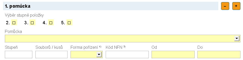 Tlačítkem plus v pravé části lze přidat další opakovací pole, které umožní vložit další pomůcky, pokud je vkládána více než jedna pomůcka v dané kategorii pomůcek.