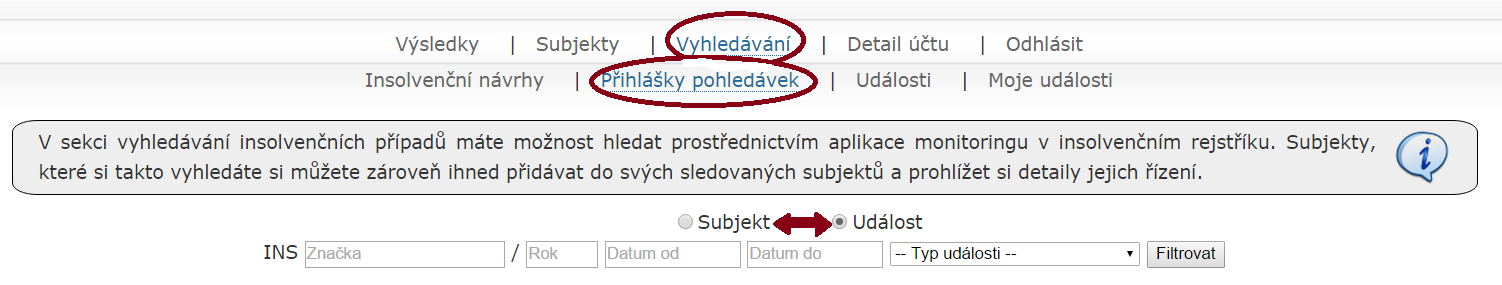 Systém dohledá a zobrazí všechny shodné výsledky s přihlášenými pohledávkami. V kategorii Událost můžete využít filtrování podle spisové značky nebo volbou rozmezí období.