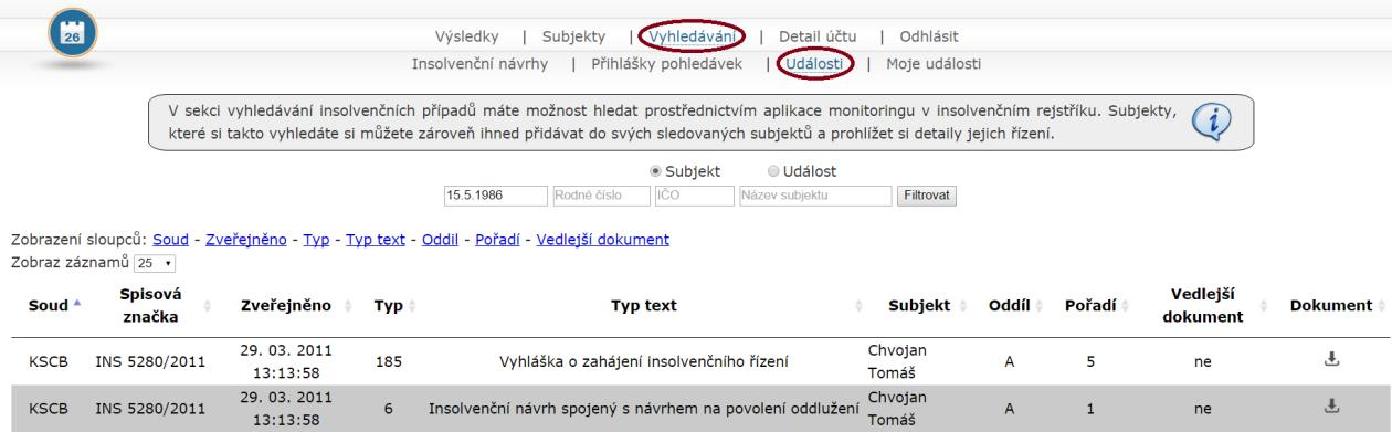 8.1 Práce s odkazem Události V odkazu Události se zobrazují veškeré subjekty, které byly zveřejněny v insolvenčním rejstříku a již se jich týká nějaká z událostí, která se uvádí do insolvenčního