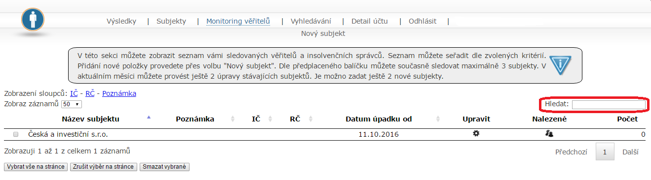 Úpravu či doplnění údajů můžete provádět přes ikonu ve sloupci Upravit. Každou provedenou úpravu je nutné potvrdit tlačítkem Uložit.